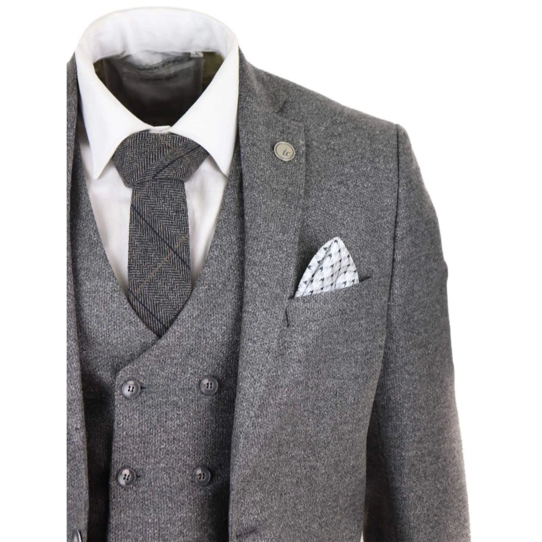 Mens Grey Wool 3 Piece Suit Double Breasted Waistcoat Tweed 1920s