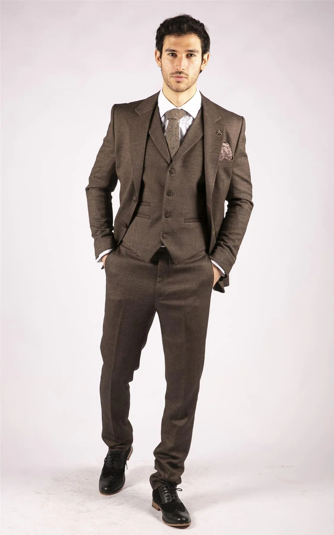 Mens Herringbone Tweed 3 Piece Suit Brown Classic Vintage Tailored Wedding Blinders