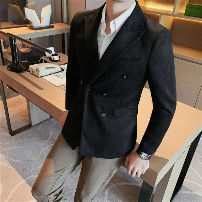 Men's High Quality Slim Fit Suit Blazer Leather Fleece Jacket