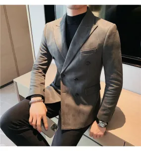 Men's High Quality Slim Fit Suit Blazer Leather Fleece Jacket