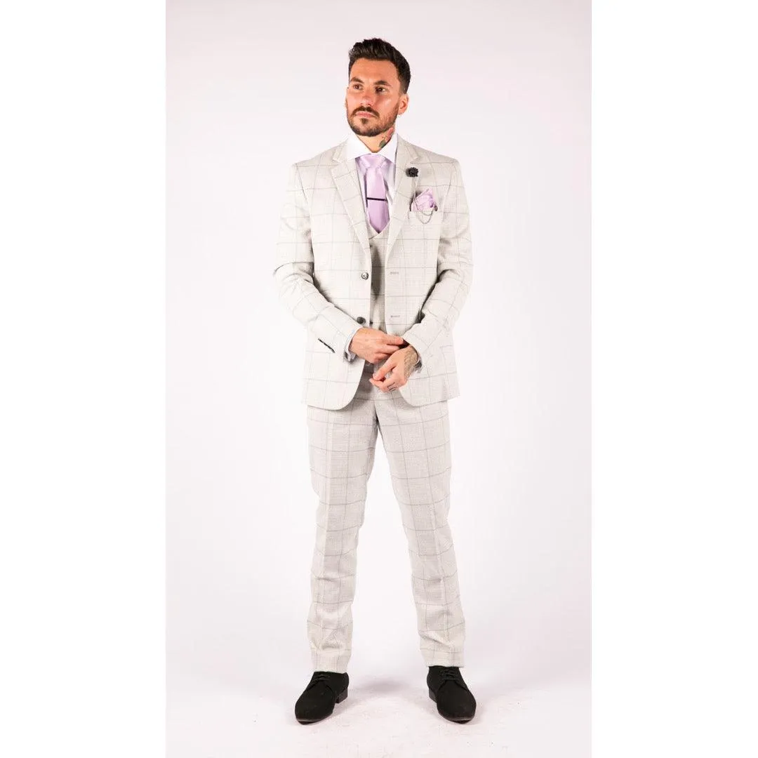 Mens Light Grey Check 3 Piece Suit Double Breasted Waoistcoat Tailored Fit