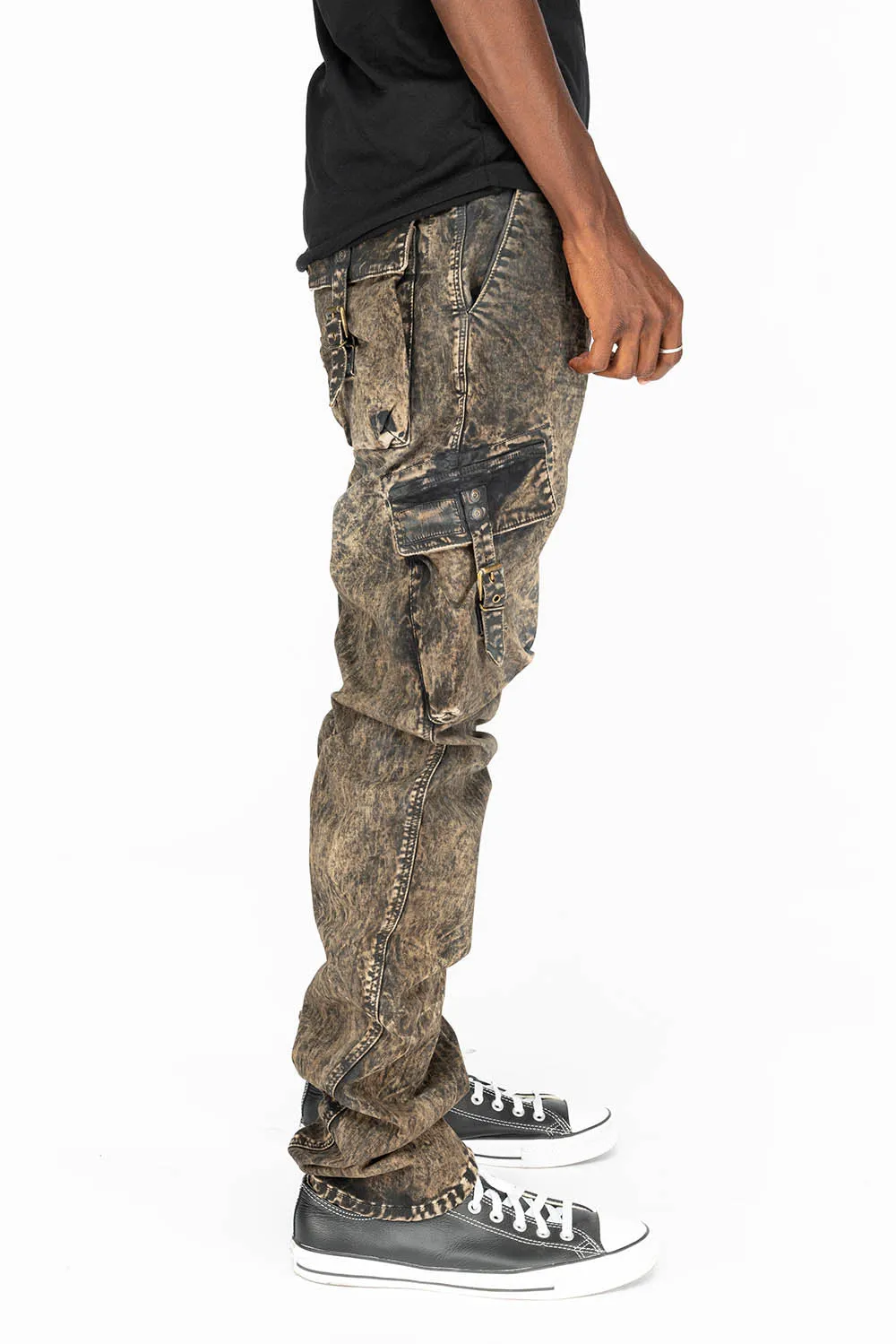 MENS MILITARY STYLE CARGO PANTS IN BROWN THUNDER WASH