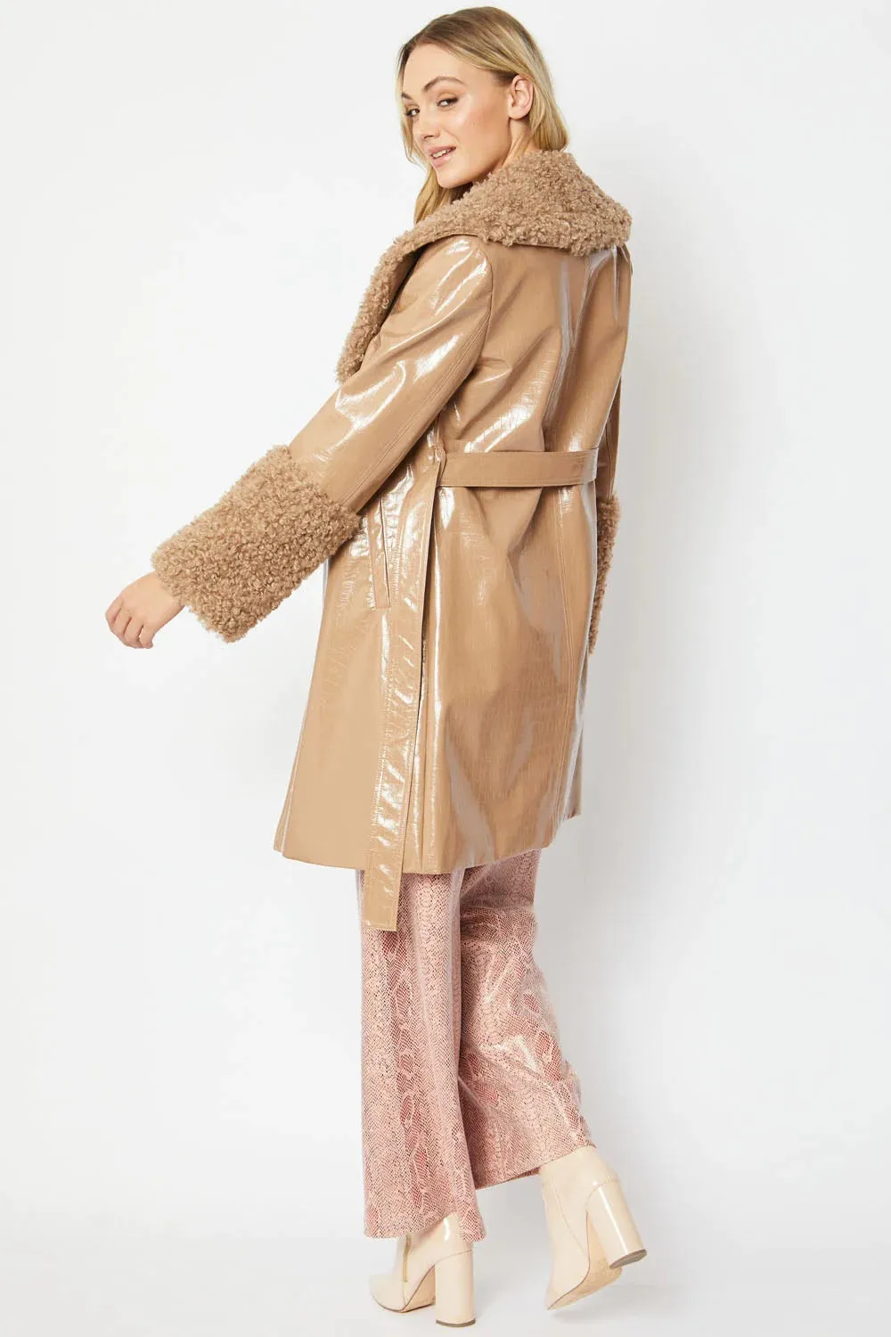 Mocha Faux Leather Trench Coat with Faux Shearling Collar and Cuffs