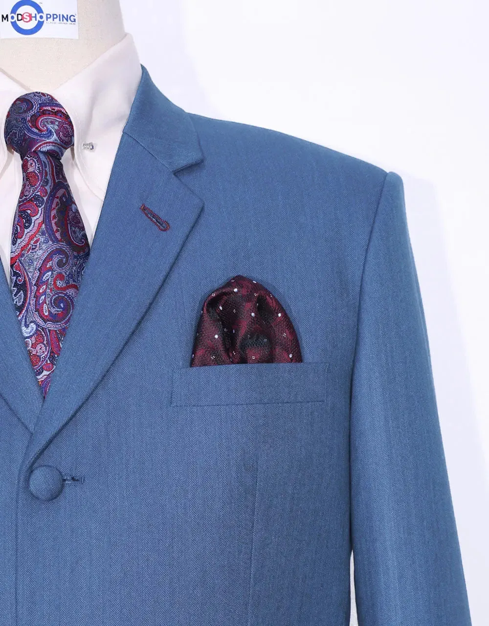 Mod Suit - Sky Blue Herringbone Suit For Men