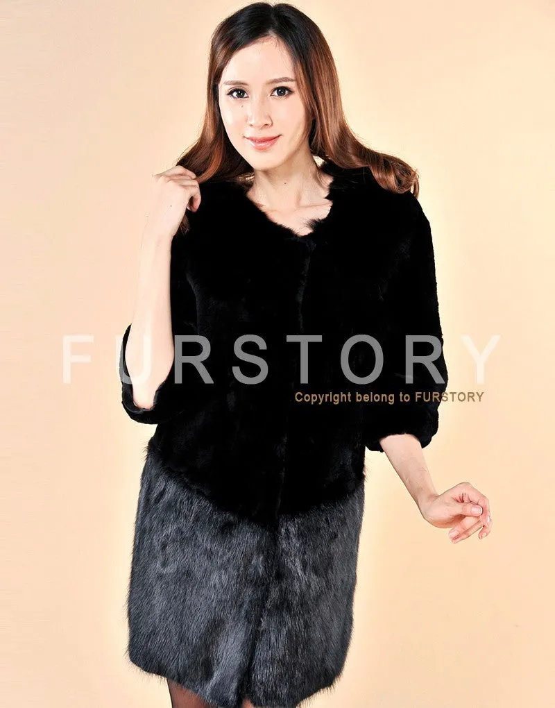 Natural Rex Rabbit Fur Coat with Muskrat Fur Hem Big Fox Collar