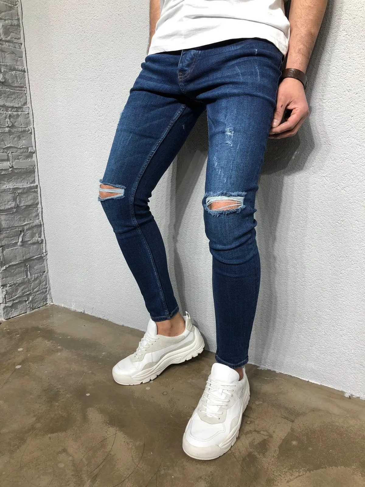 Navy Ripped Denim BL262 Streetwear Jeans