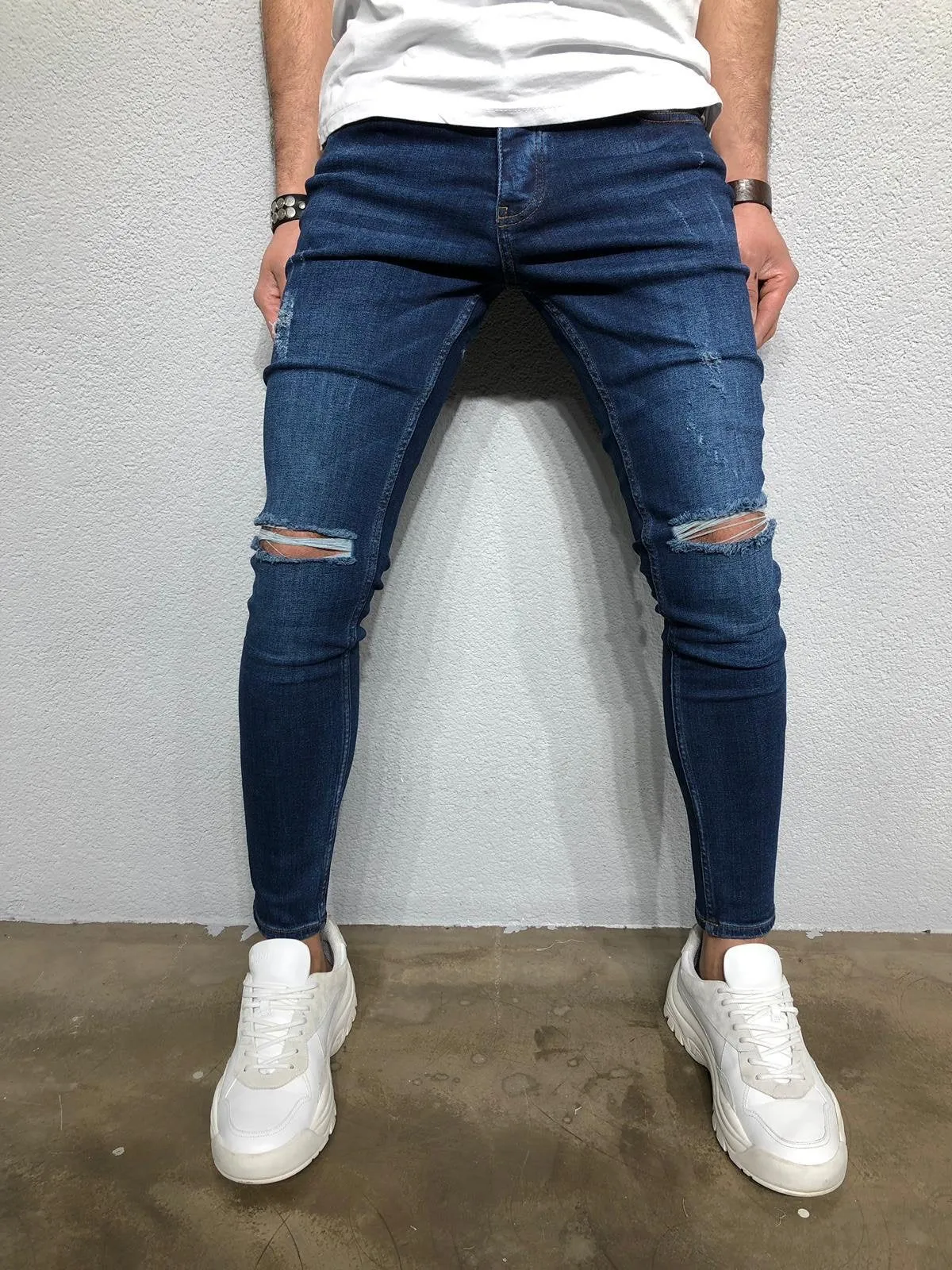 Navy Ripped Denim BL262 Streetwear Jeans