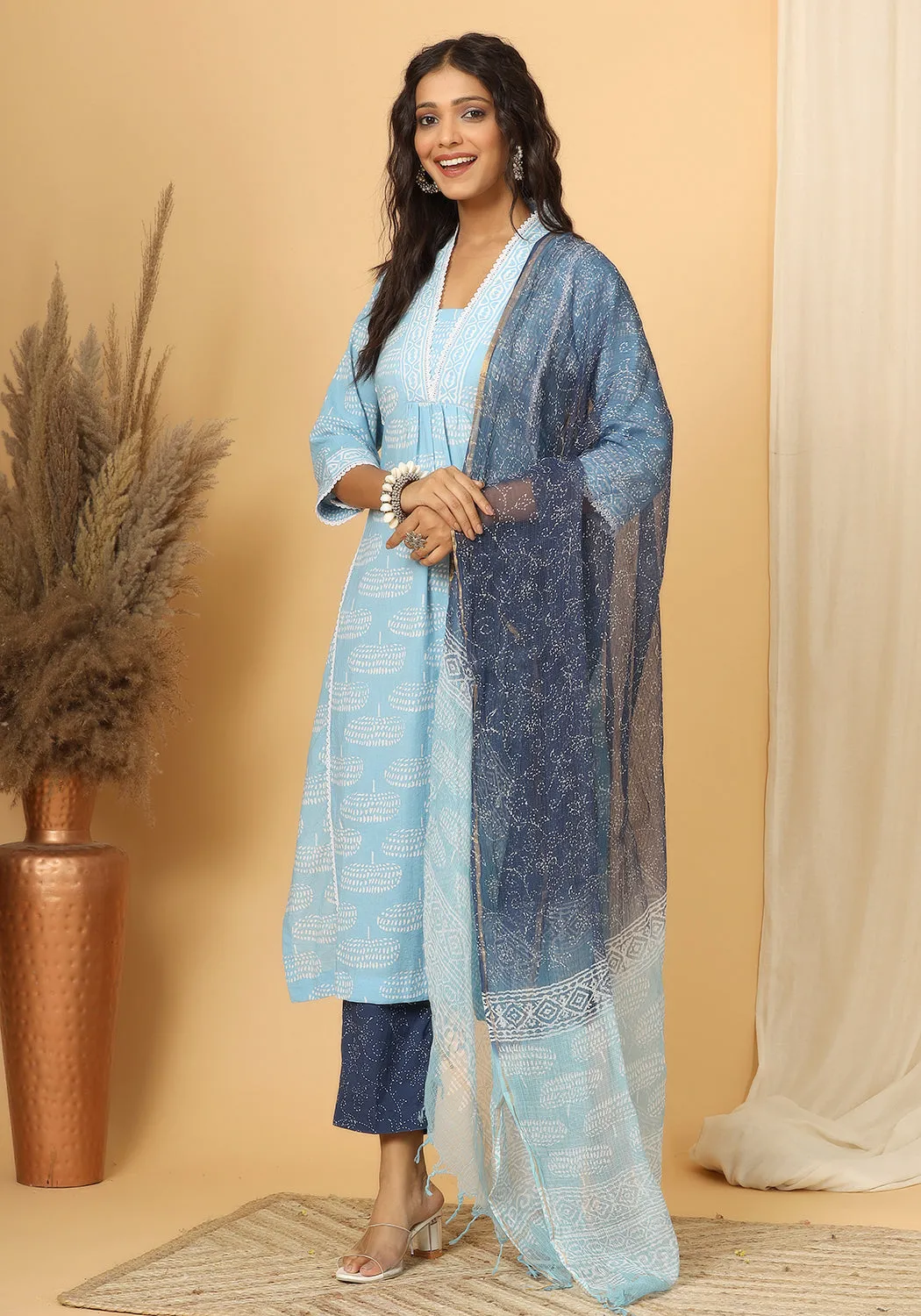 Noor - Hand Block Print Cotton Suit Set With Pure Kota Doria Dupatta