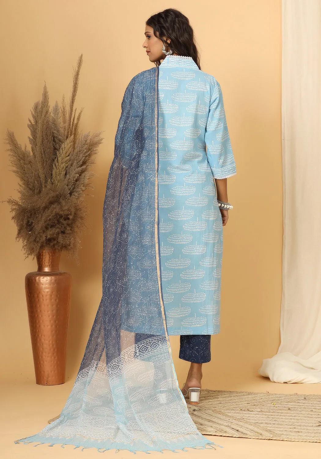 Noor - Hand Block Print Cotton Suit Set With Pure Kota Doria Dupatta