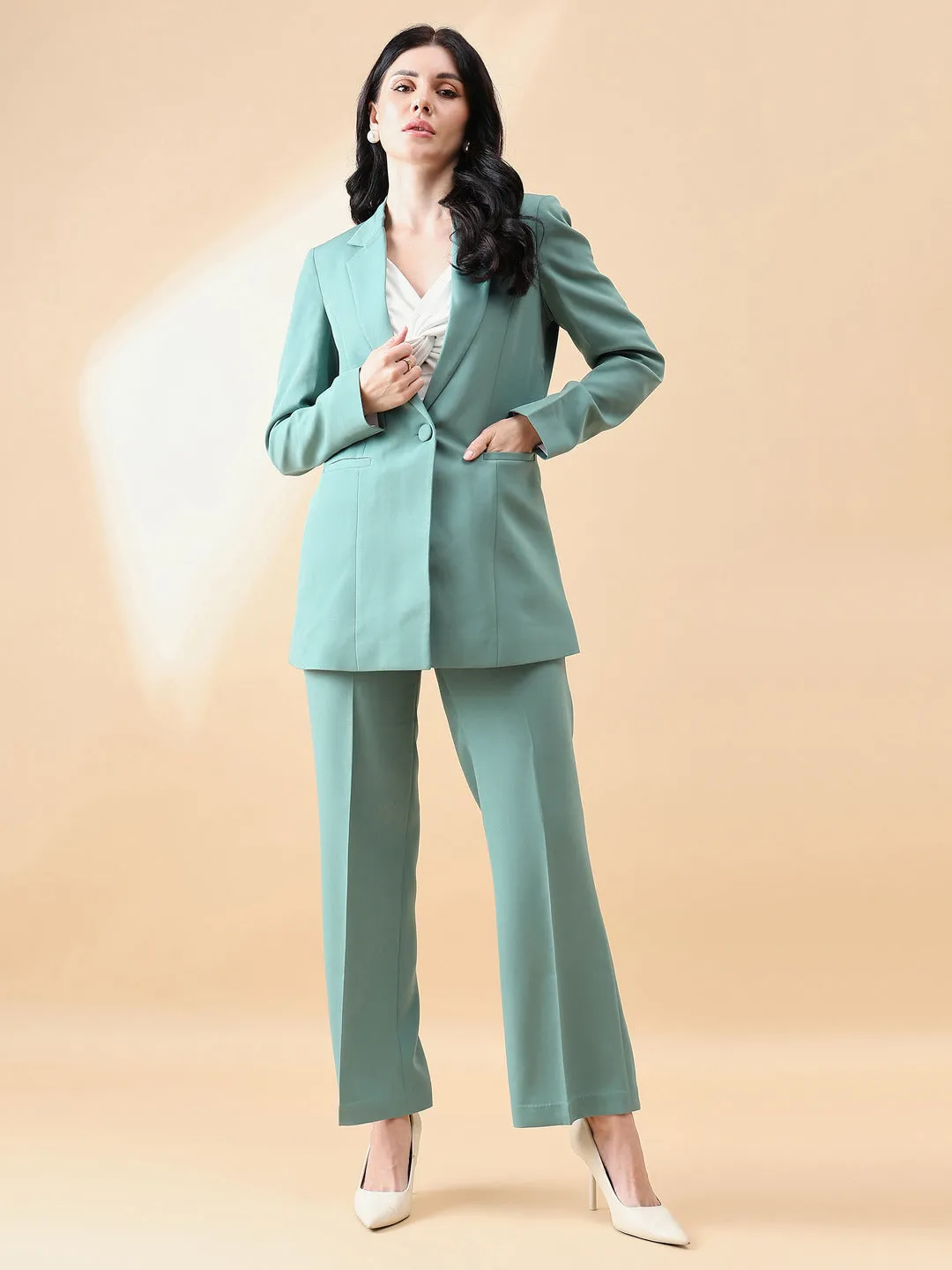 Notch Collar Stretch Pant Suit- Sage Green