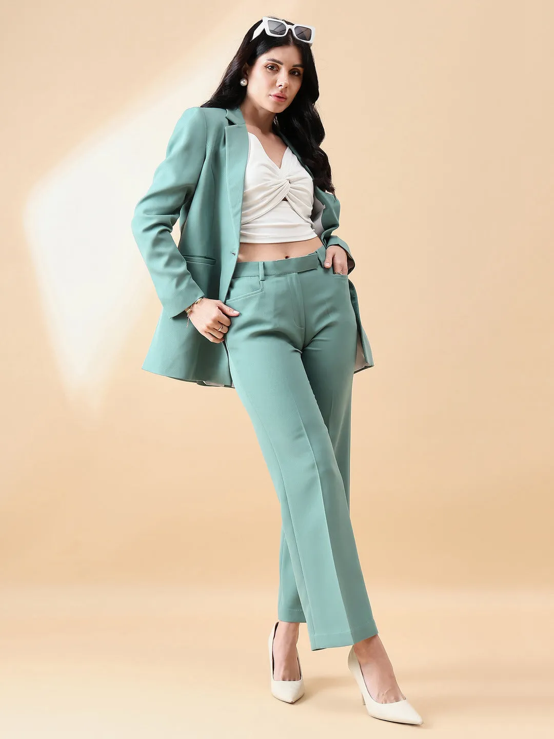 Notch Collar Stretch Pant Suit- Sage Green