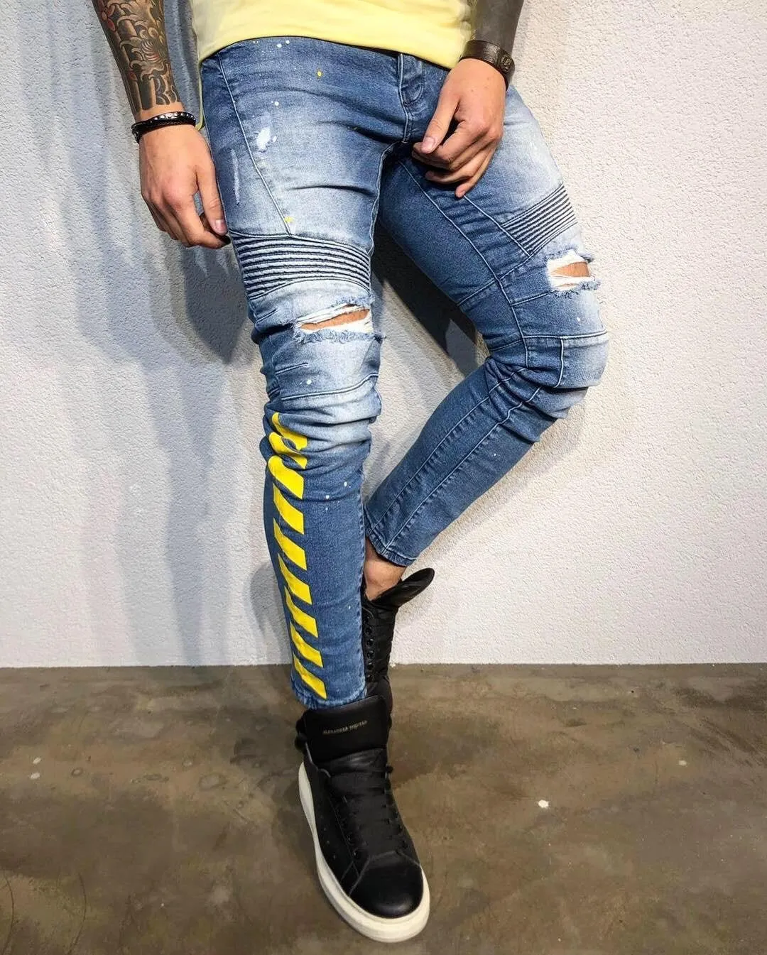 Printed Distressed Ultra Skinny Fit Biker Denim B332 Streetwear Jeans