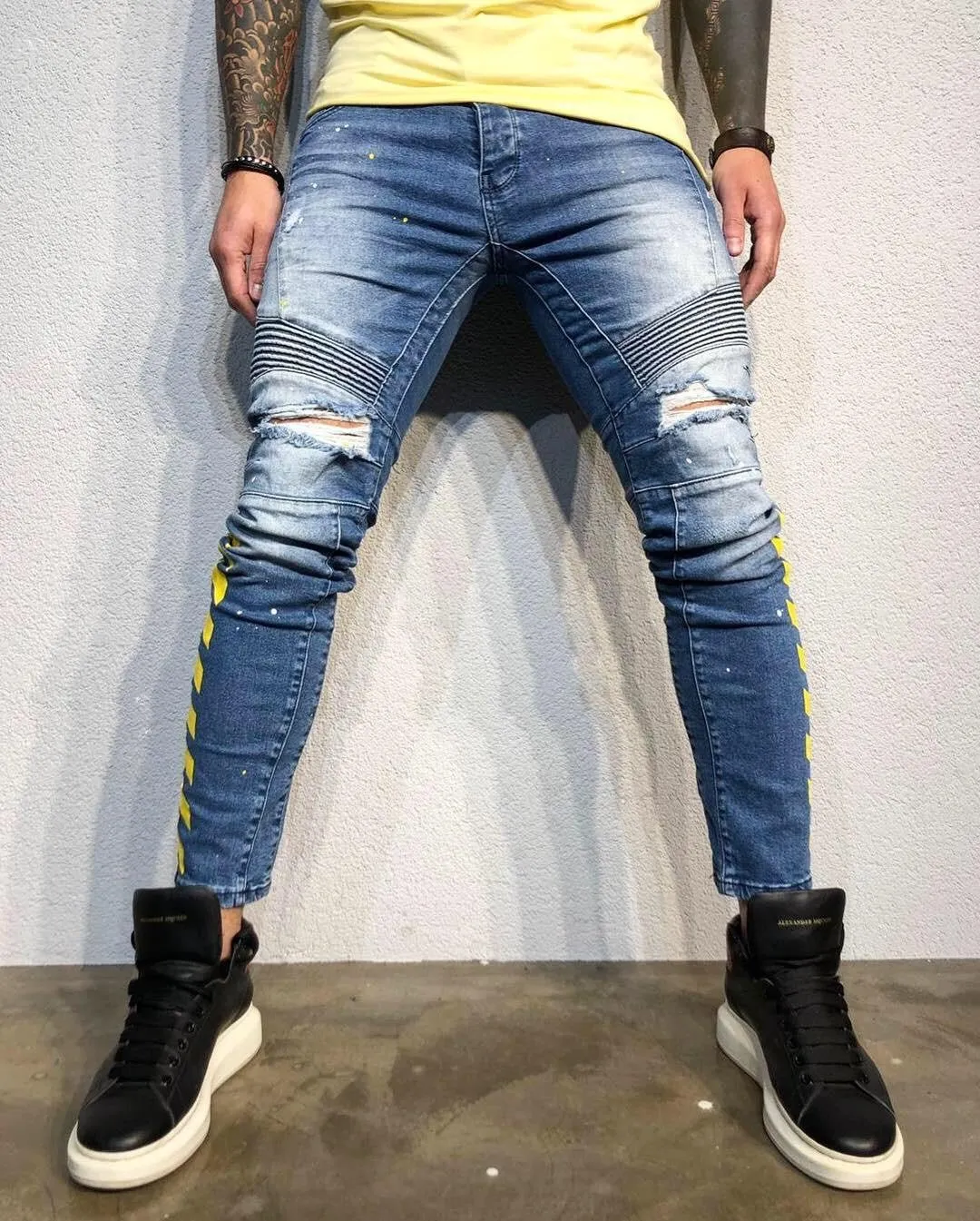 Printed Distressed Ultra Skinny Fit Biker Denim B332 Streetwear Jeans