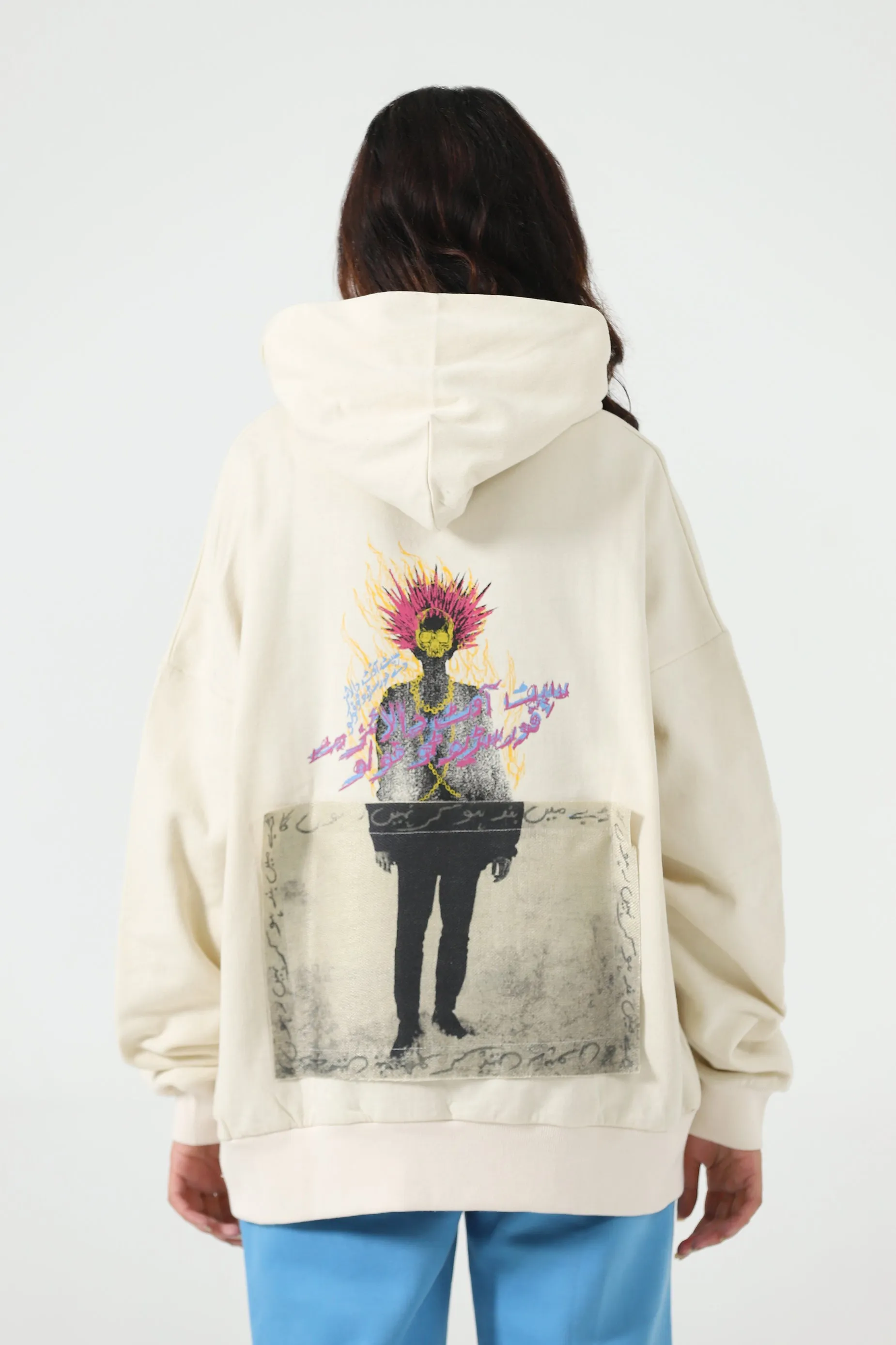 "REBELLION" BEIGE SCREEN PRINTED HOODIE