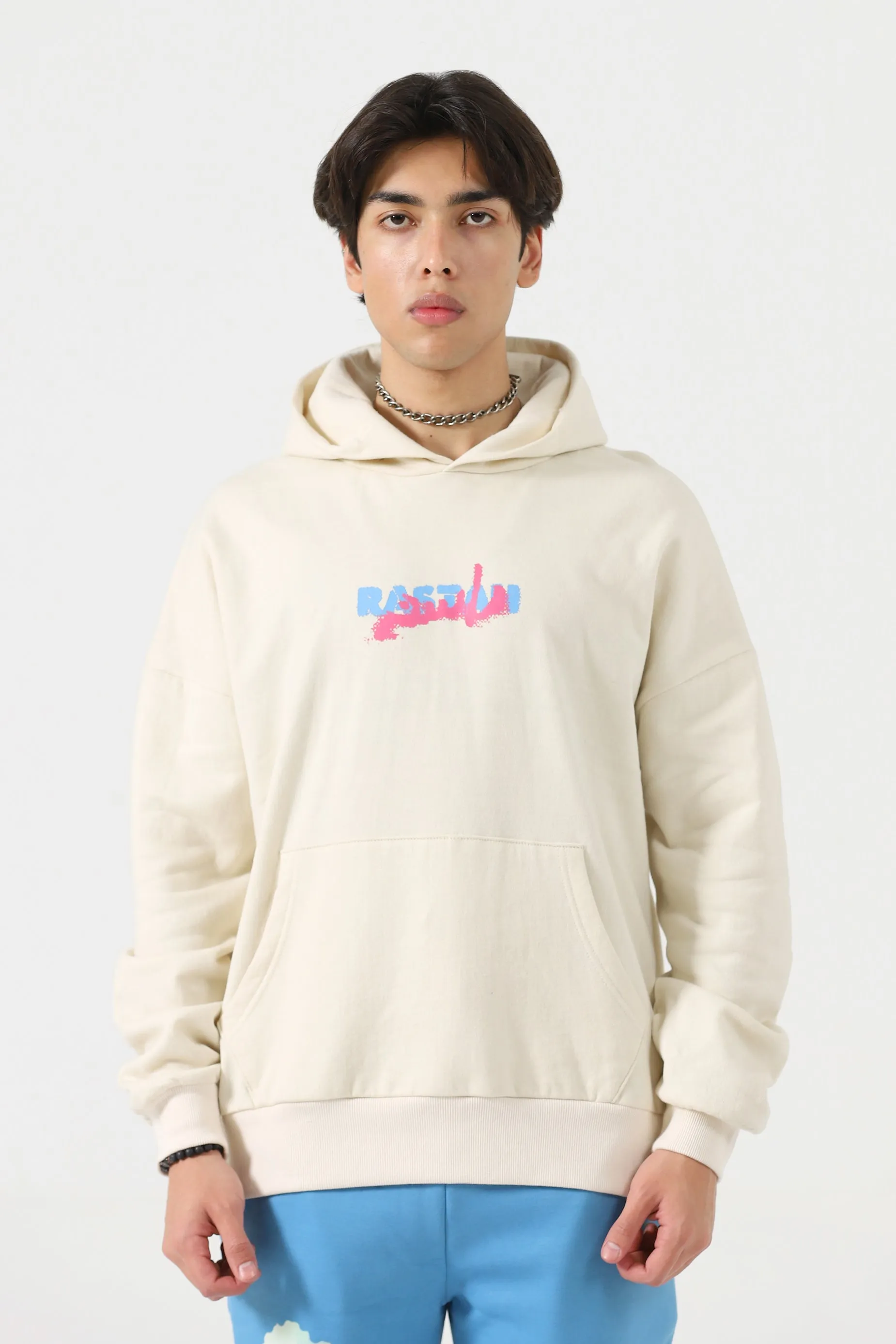 "REBELLION" BEIGE SCREEN PRINTED HOODIE