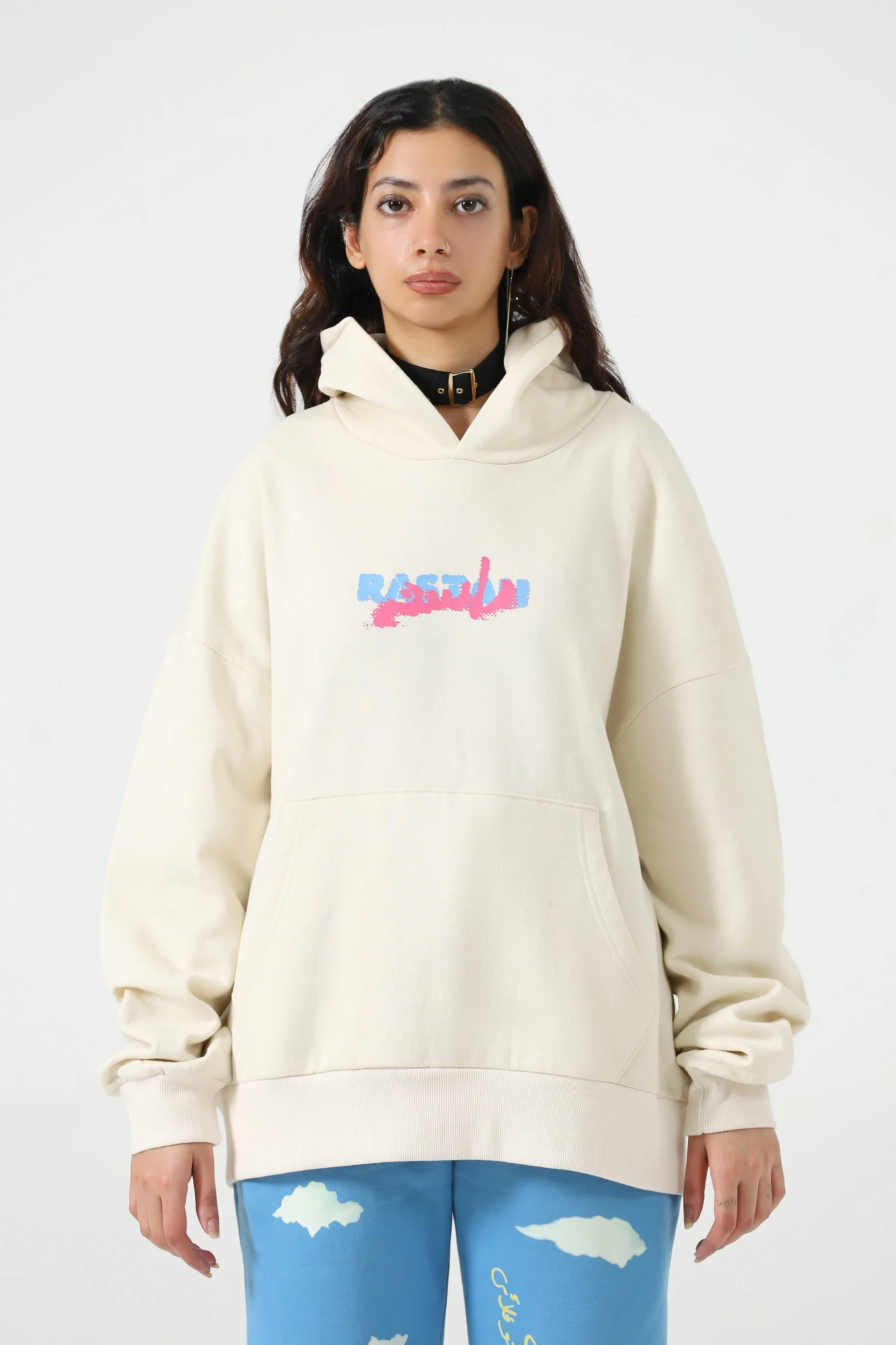 "REBELLION" BEIGE SCREEN PRINTED HOODIE