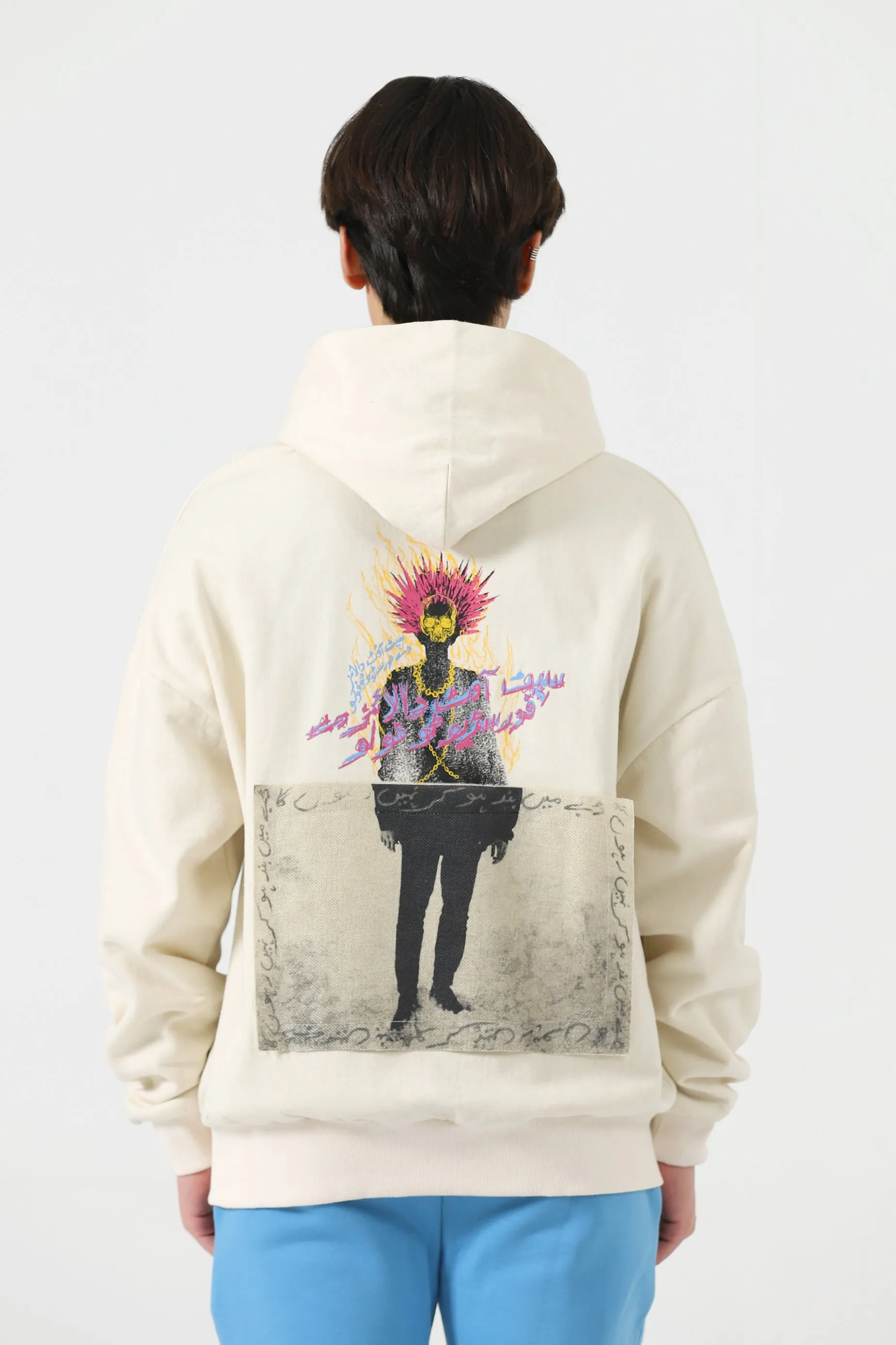 "REBELLION" BEIGE SCREEN PRINTED HOODIE