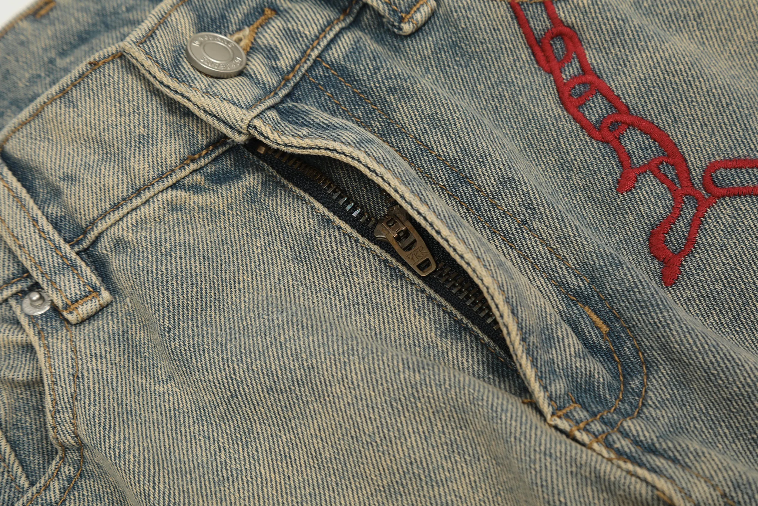 Red Chain | Faded Patterned Denim Jeans