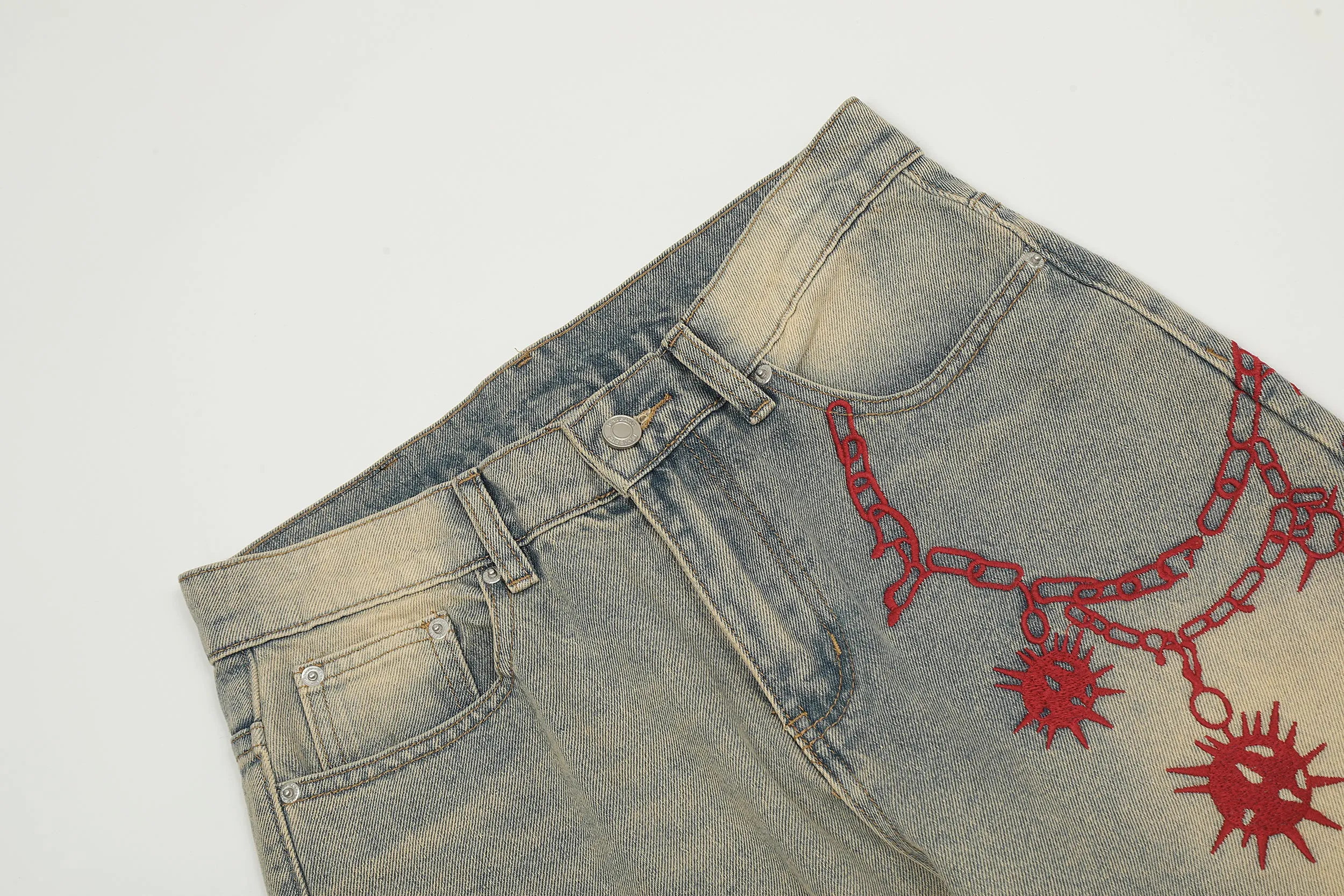 Red Chain | Faded Patterned Denim Jeans