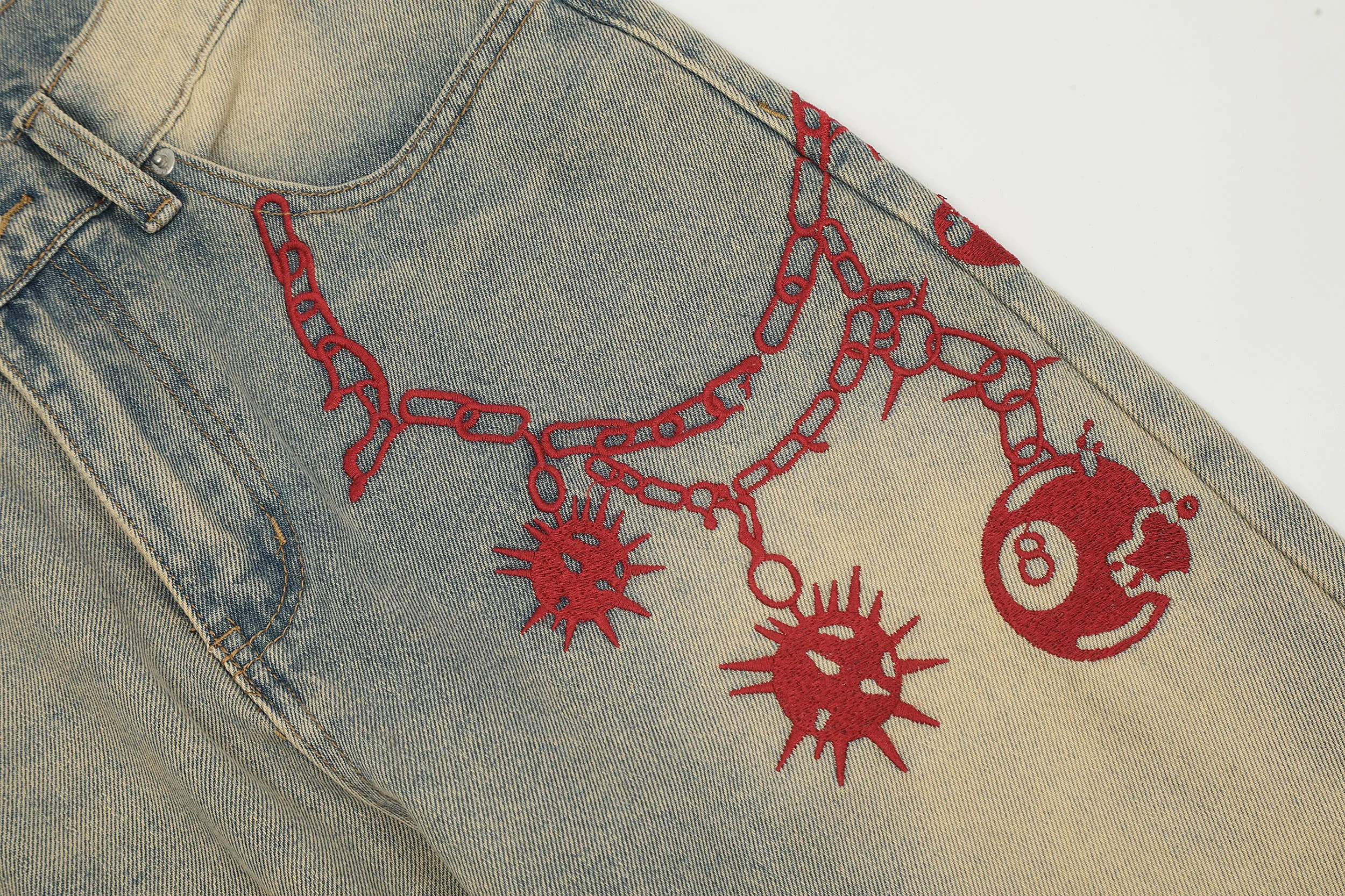 Red Chain | Faded Patterned Denim Jeans