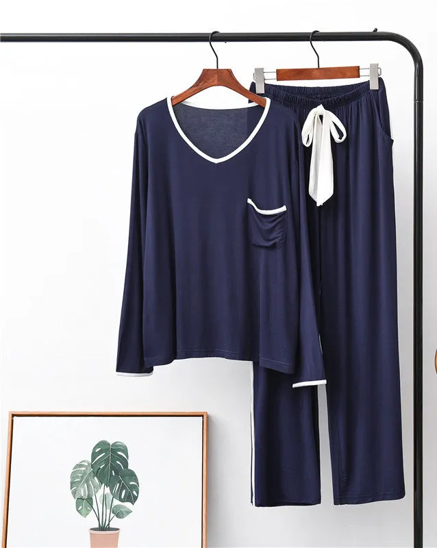 RH Pajamas Set Women Long Sleeve Pocket V-Neck Sleepwear Soft Pajama Set RHW4017