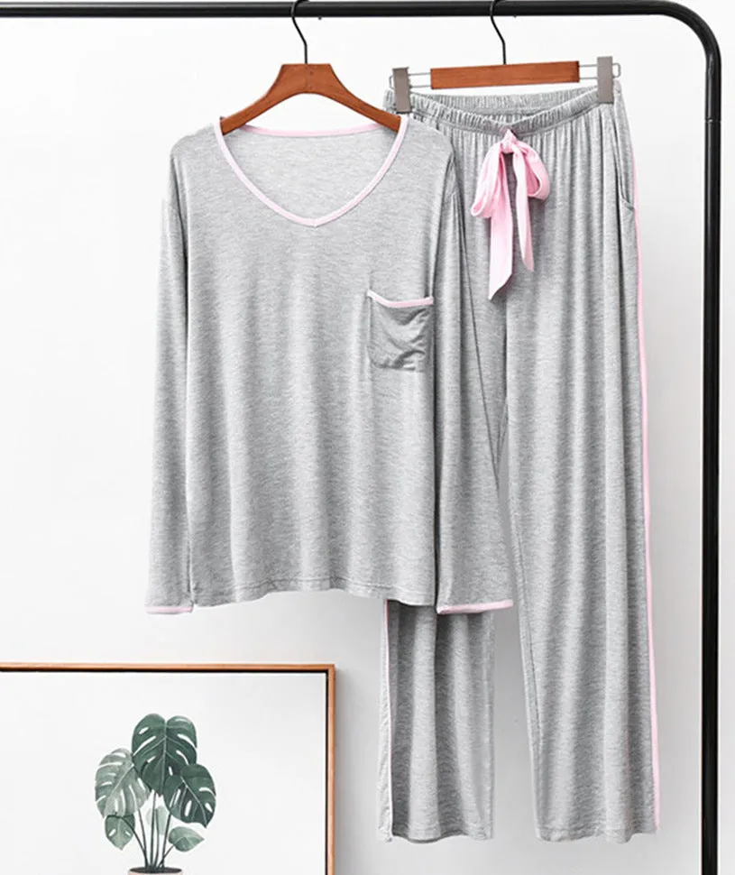 RH Pajamas Set Women Long Sleeve Pocket V-Neck Sleepwear Soft Pajama Set RHW4017