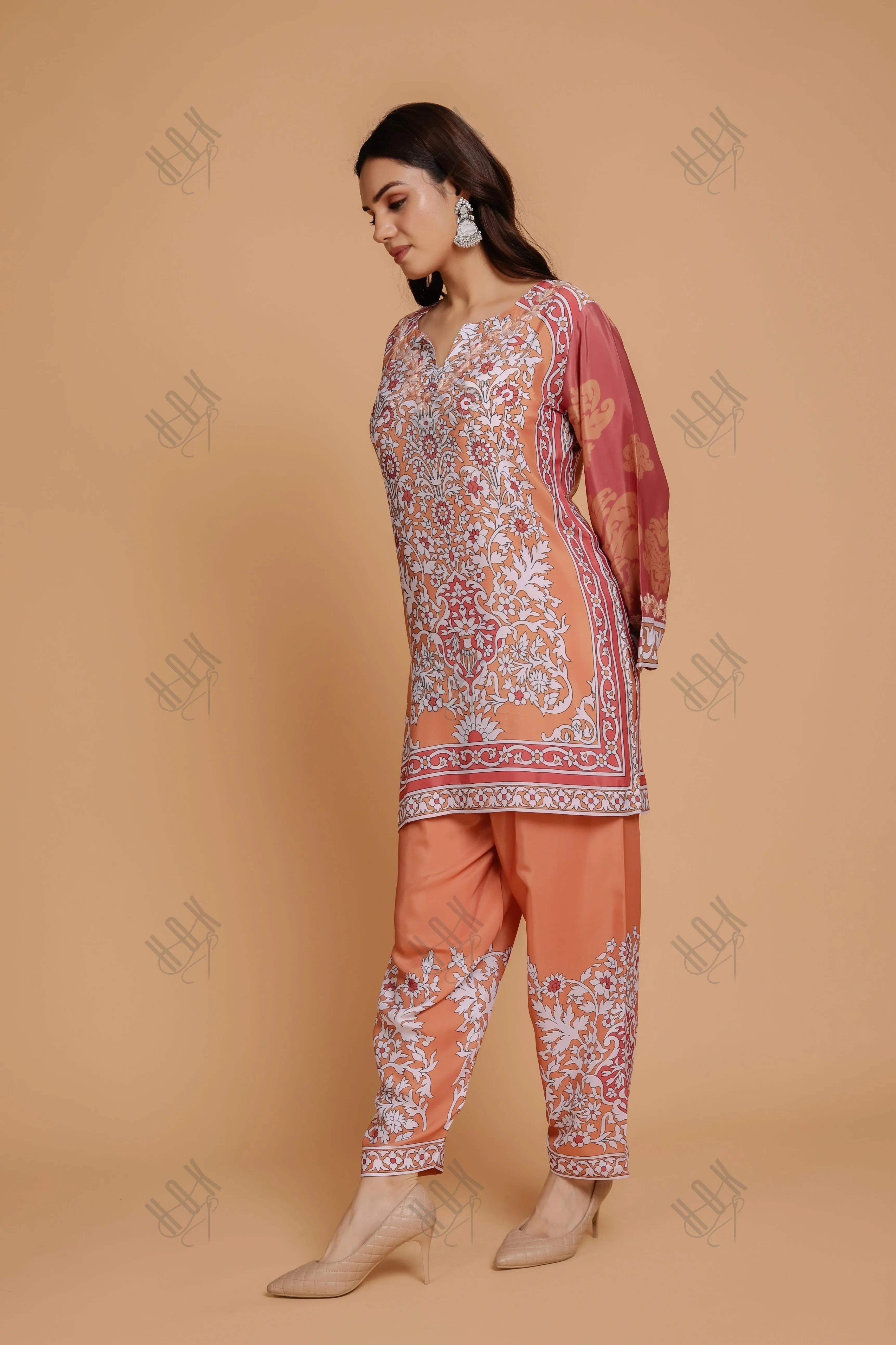 Saba Chikankari Printed Polysilk Set for Women - Orange