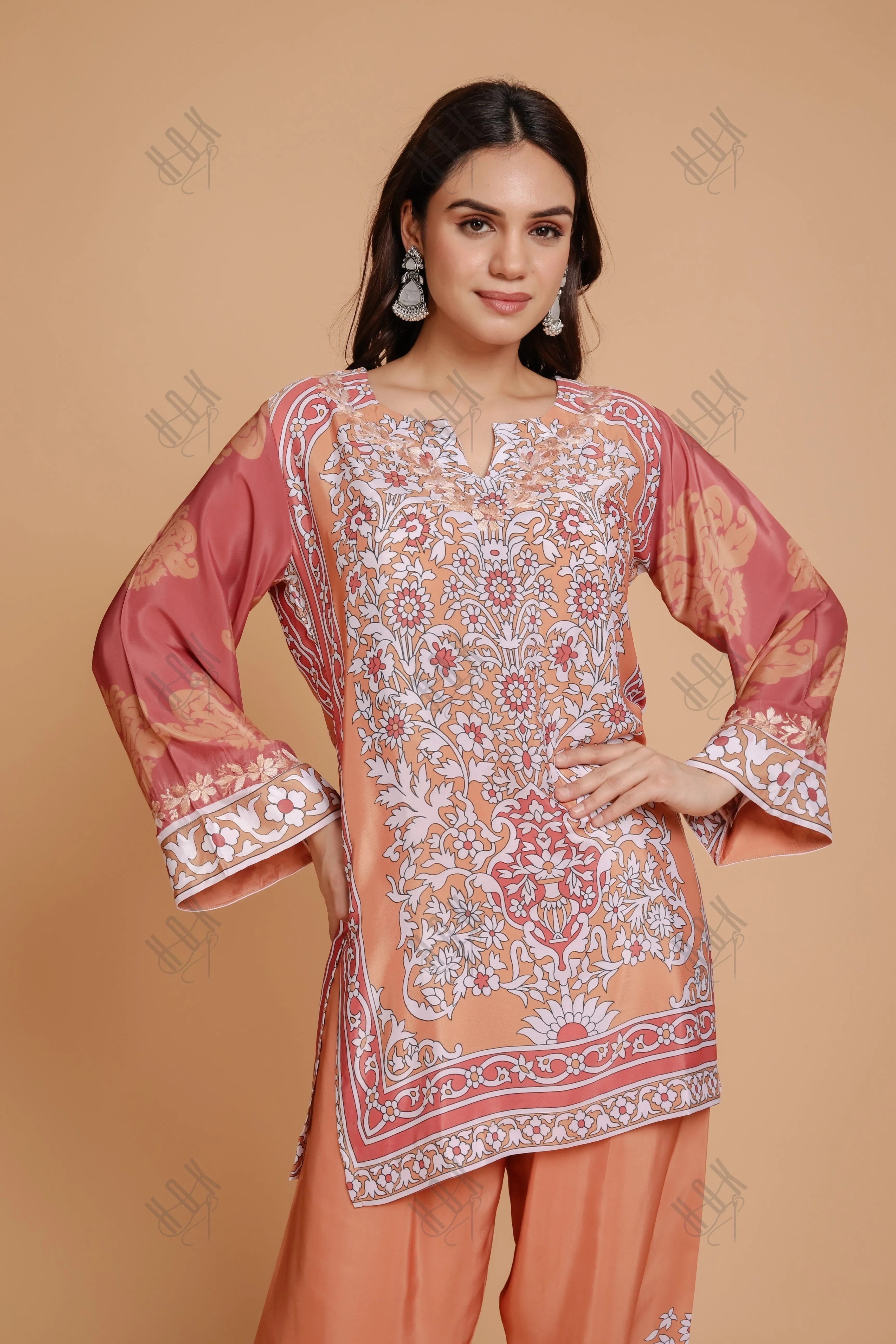 Saba Chikankari Printed Polysilk Set for Women - Orange