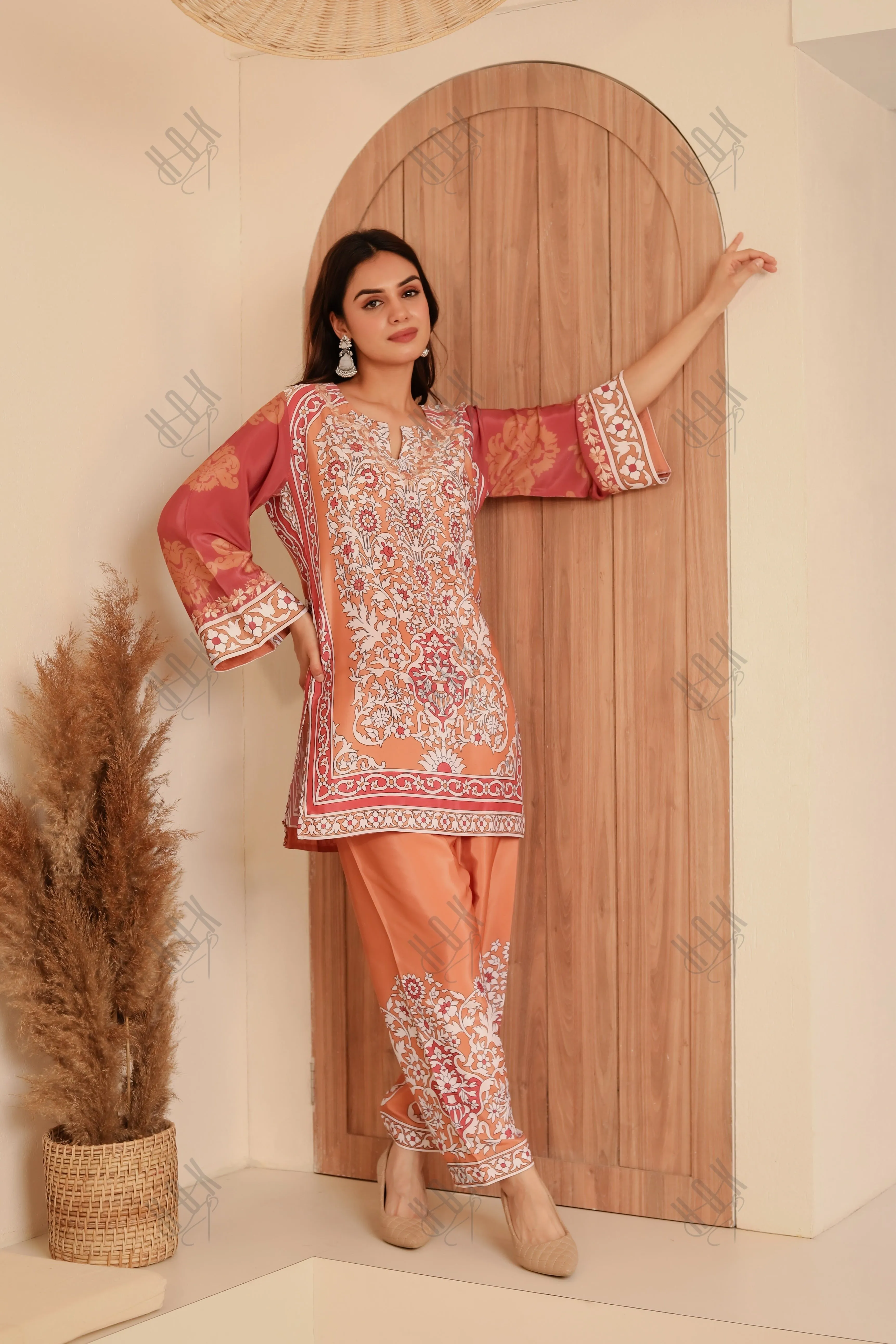 Saba Chikankari Printed Polysilk Set for Women - Orange