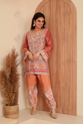 Saba Chikankari Printed Polysilk Set for Women - Orange