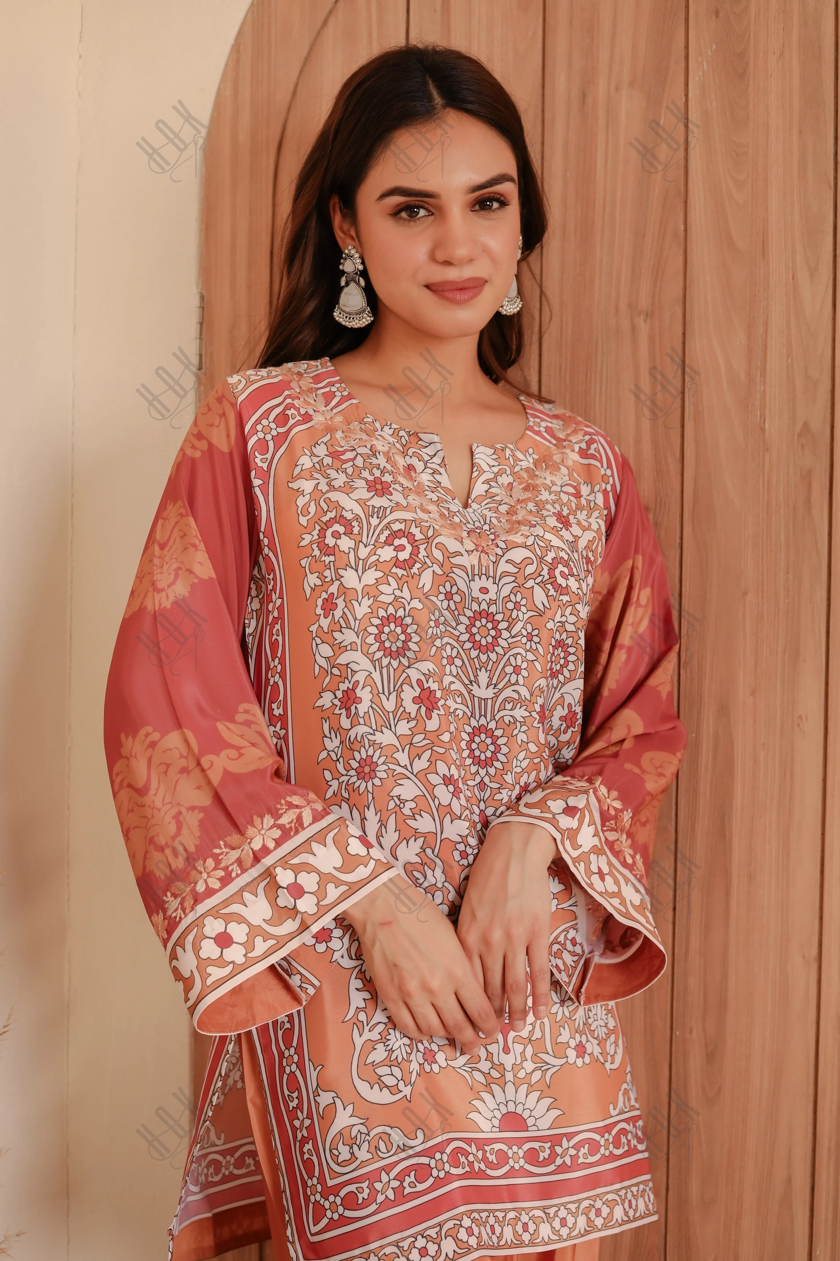 Saba Chikankari Printed Polysilk Set for Women - Orange