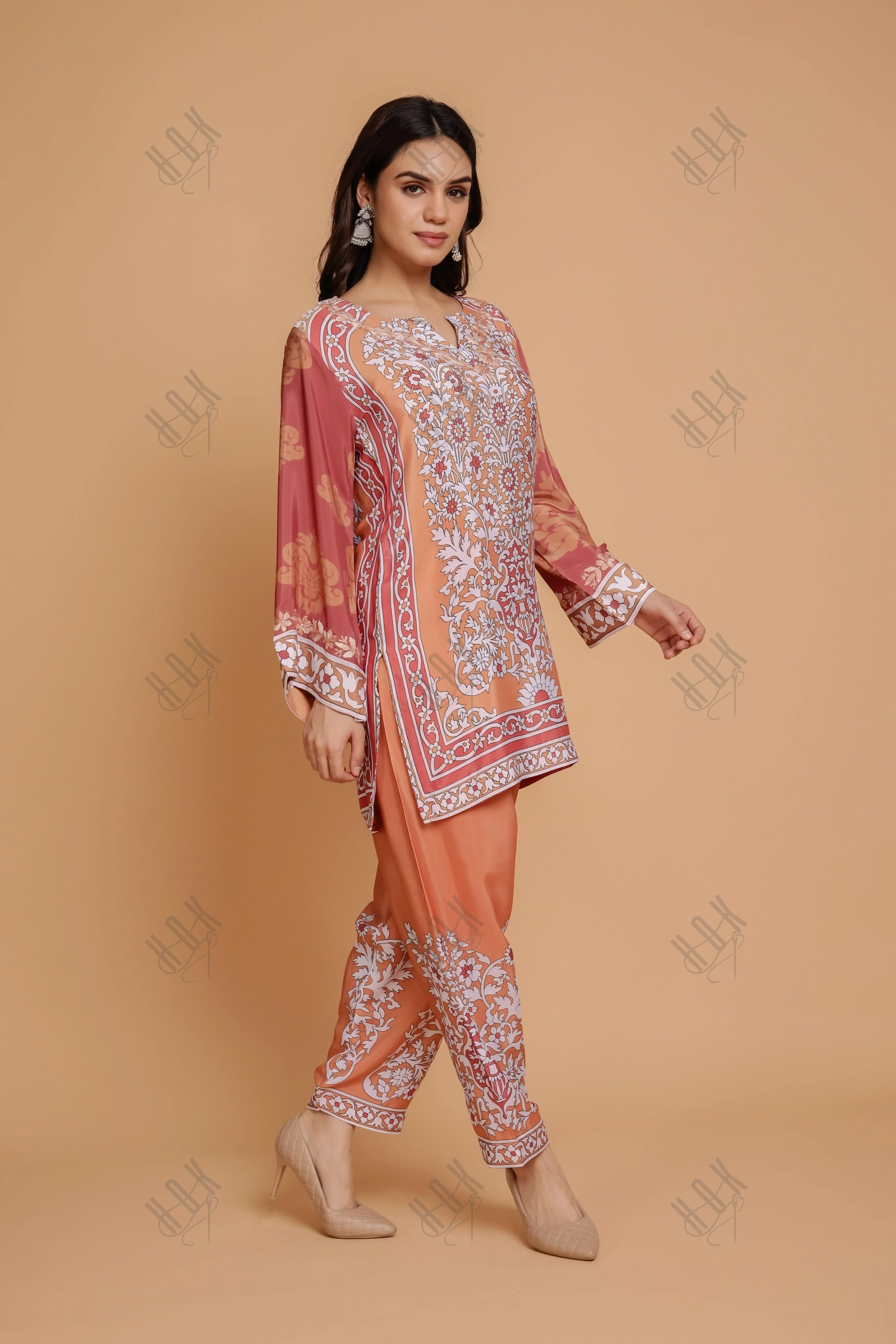 Saba Chikankari Printed Polysilk Set for Women - Orange