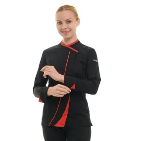 Saffron Women's Kitchen Coat Long Sleeve Black with Red Piping - LAFONT