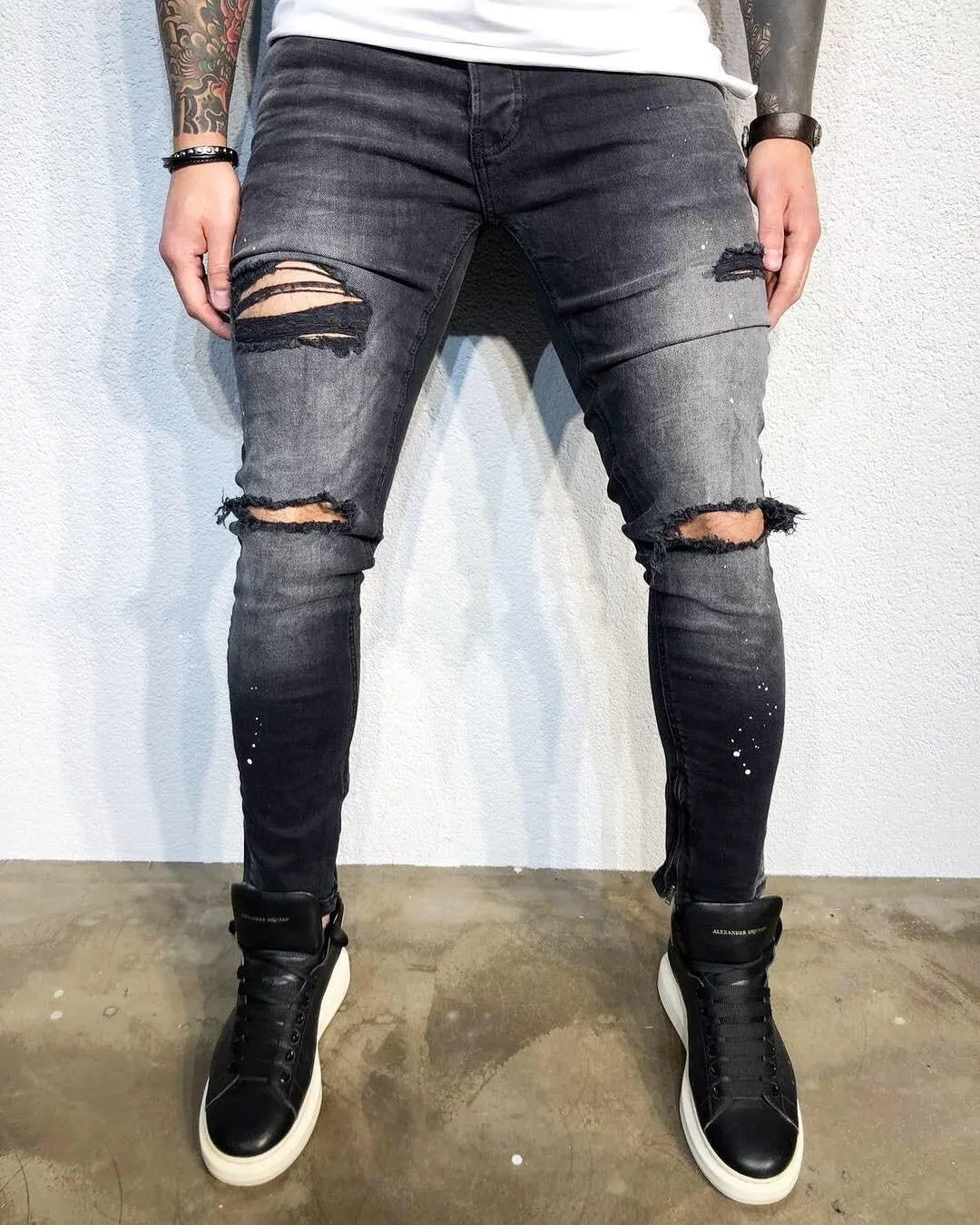 Sneakerjeans - Black Printed Distressed Skinny Jeans BL495 Denim