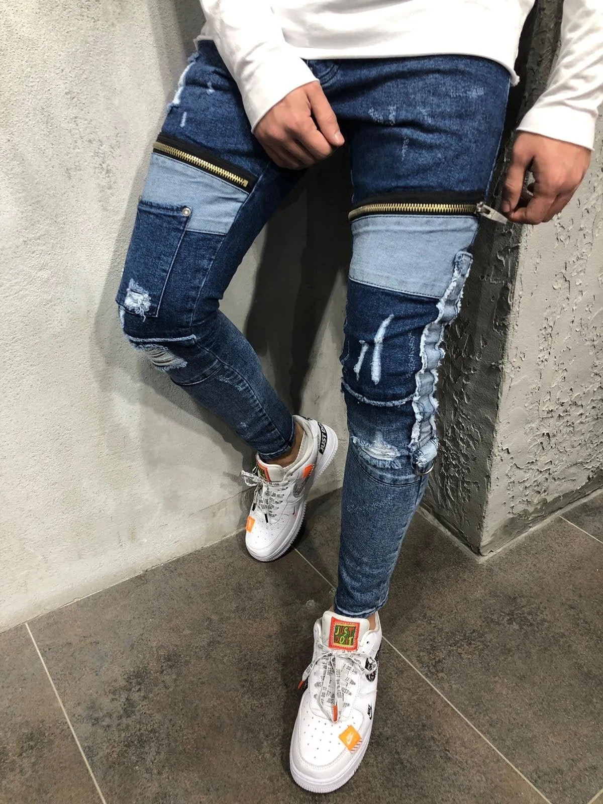 Sneakerjeans Blue Zippered Ripped Skinny Jeans A232