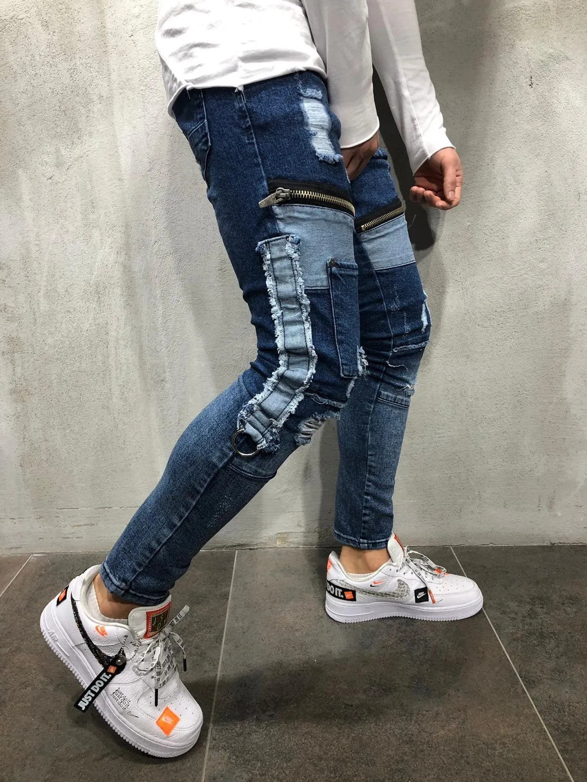 Sneakerjeans Blue Zippered Ripped Skinny Jeans A232