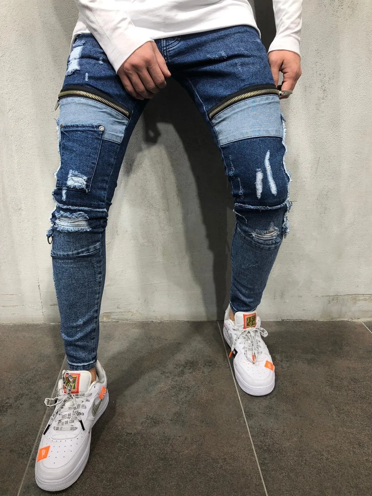 Sneakerjeans Blue Zippered Ripped Skinny Jeans A232