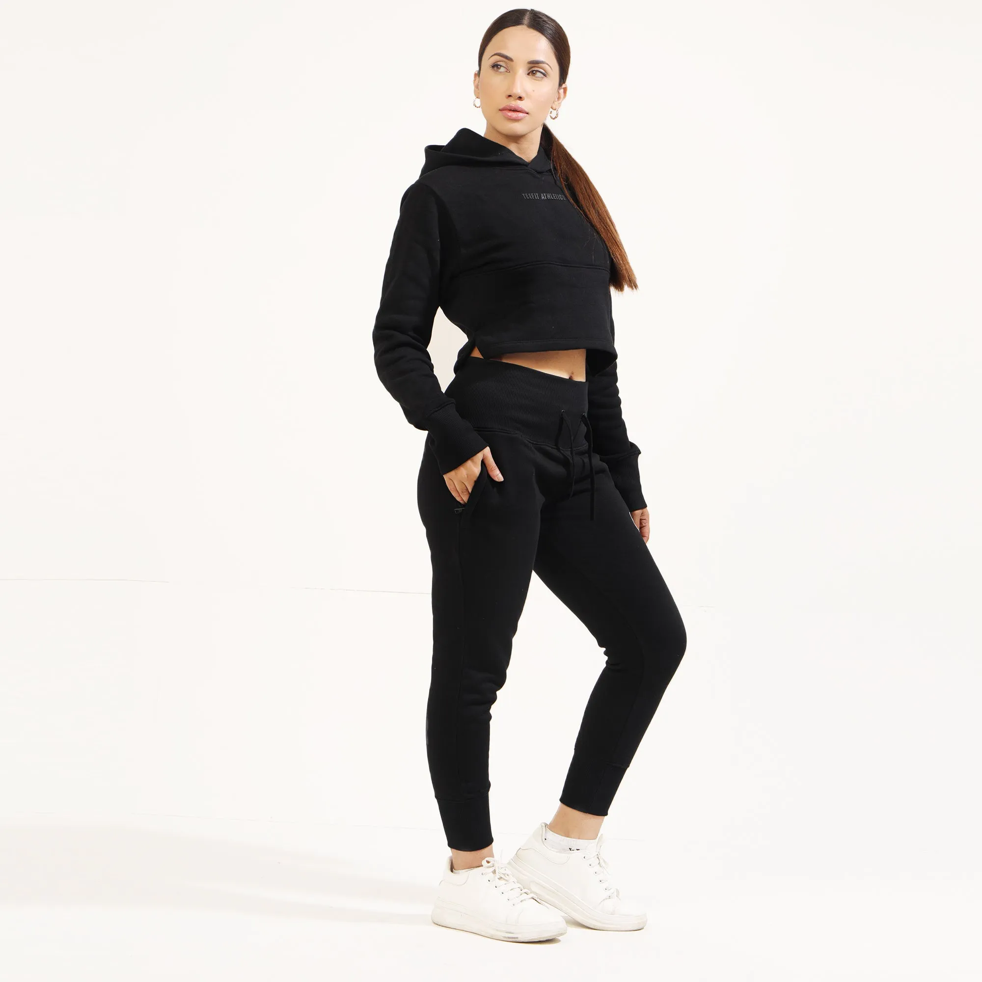 Tf-Basic Black Crop Cut And High Waisted Tracksuit