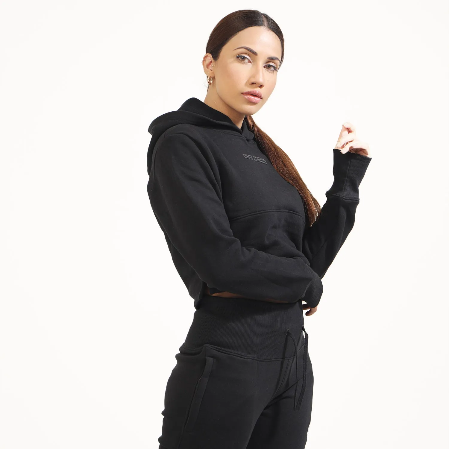 Tf-Basic Black Crop Cut And High Waisted Tracksuit