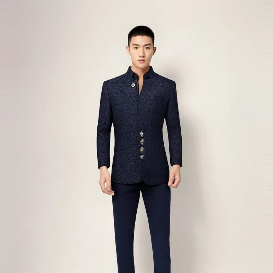 The Ontario Slim Fit Mandarin Collar Jacket - Navy