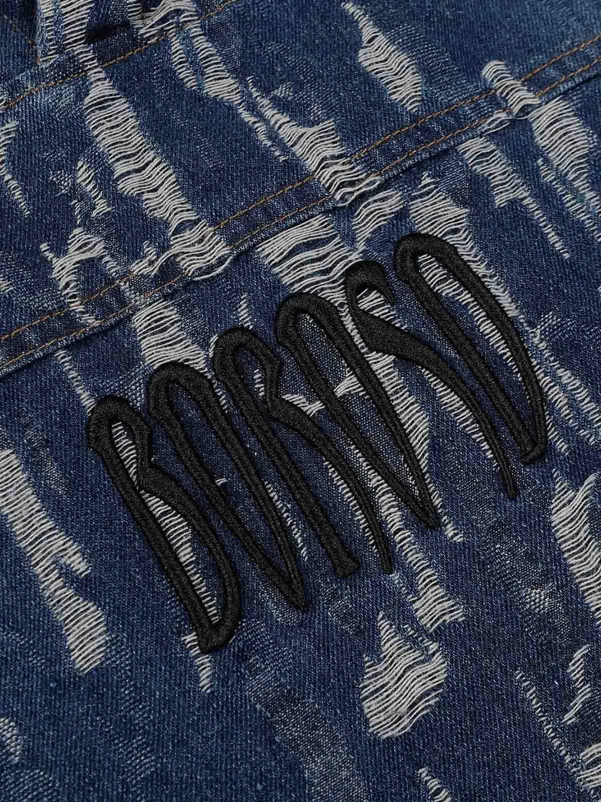 Thesupermade Letter Embroidered Washed Denim Hoodie