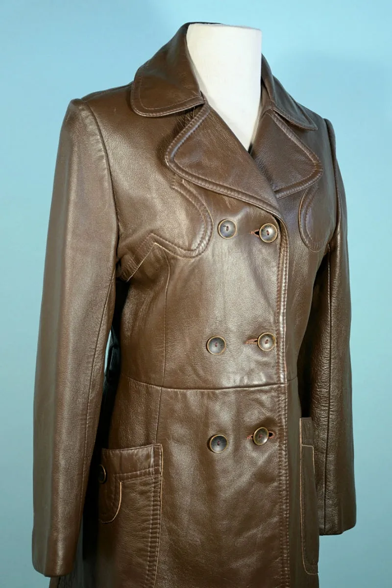 Vintage 60s Brown Leather Double Breasted Coat, Mod Hippie Leather Trench Coat S