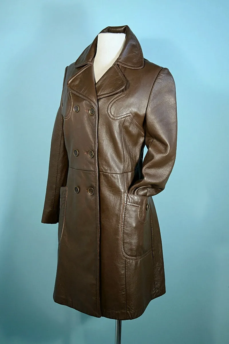 Vintage 60s Brown Leather Double Breasted Coat, Mod Hippie Leather Trench Coat S