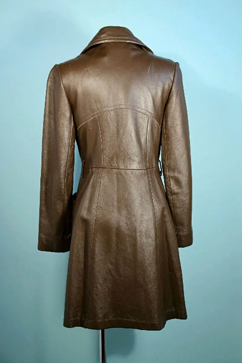 Vintage 60s Brown Leather Double Breasted Coat, Mod Hippie Leather Trench Coat S