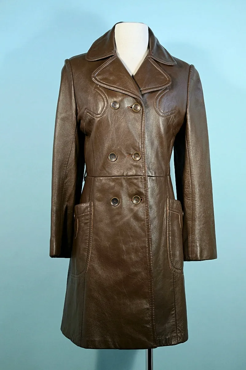 Vintage 60s Brown Leather Double Breasted Coat, Mod Hippie Leather Trench Coat S