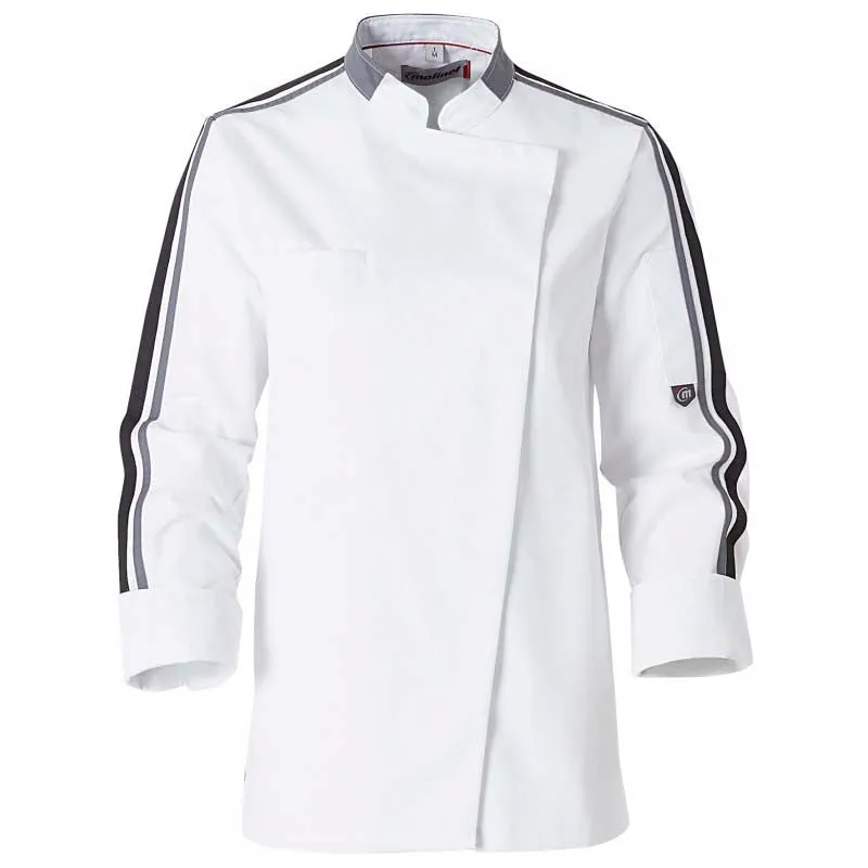 Women Long Sleeve White Kitchen Coat with Black Piping - MOLINEL