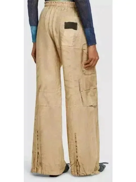 Women’s Beige Cotton Cargo Wide-Leg Pants