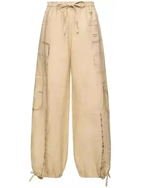 Women’s Beige Cotton Cargo Wide-Leg Pants