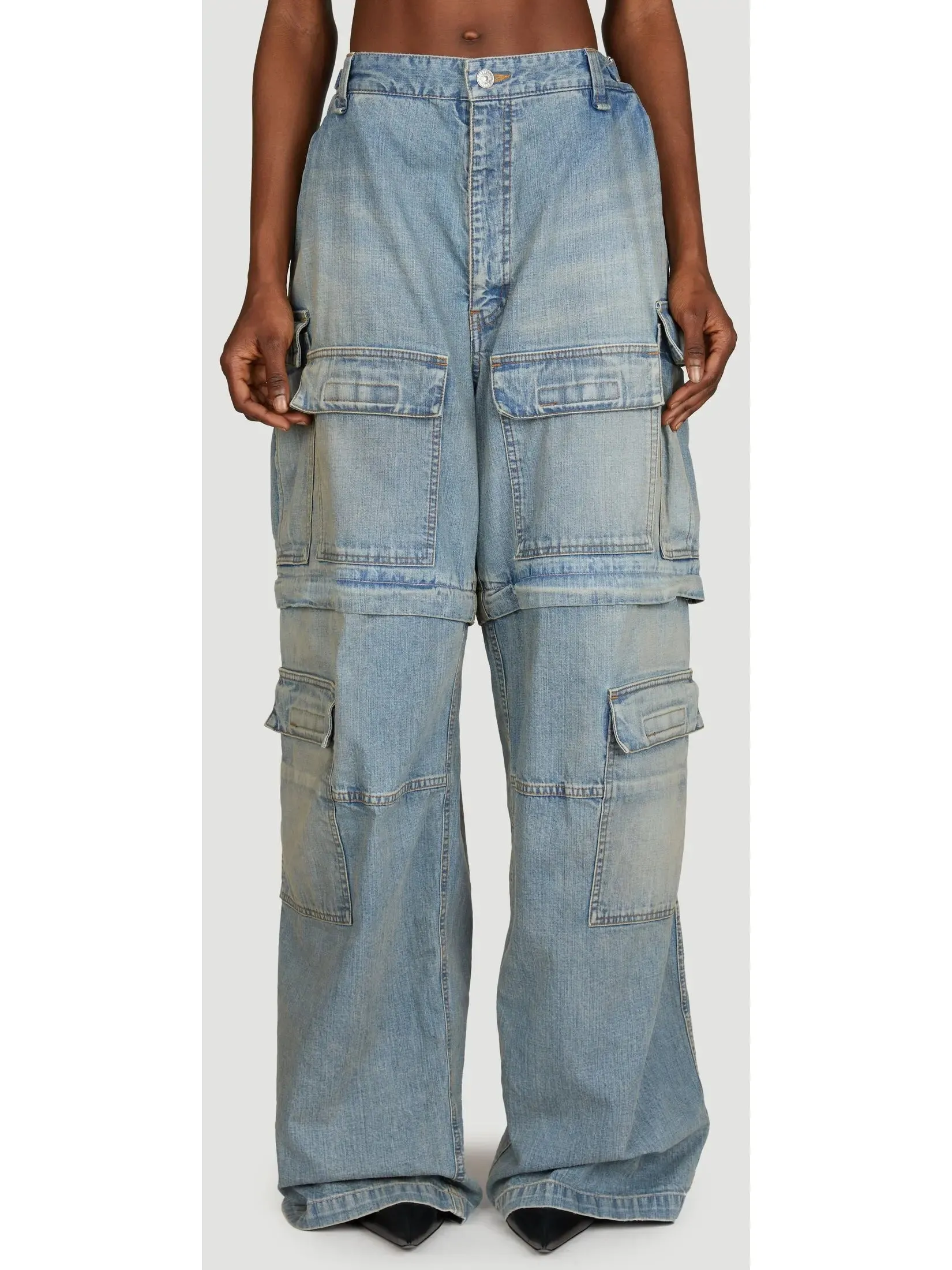 Women’s Cargo Mid-Rise Washed Denim Pants